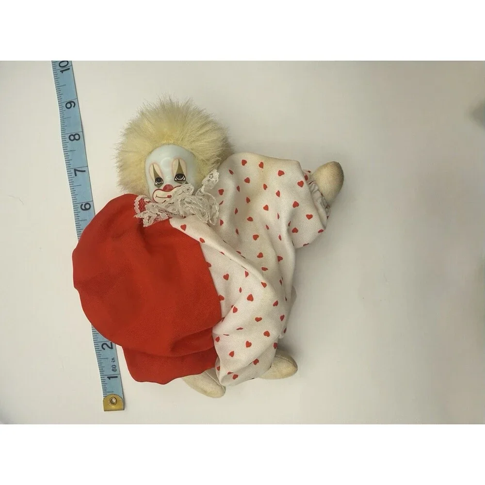 Vintage Porcelain Clown Doll 7” Red White Hearts Outfit Made in Thailand